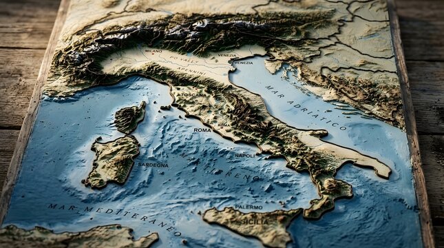 Detailed 3D Relief Map of Italy on Wooden Table Surface