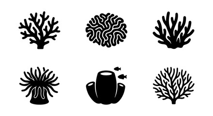 Set of black coral reef icons, marine life and underwater plants © Runu