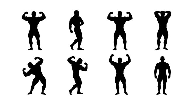 Set of bodybuilding silhouettes showing different muscular poses