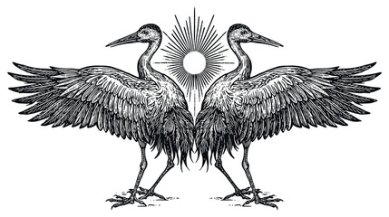 Fototapeta premium Illustration of two cranes facing outward with sunburst behind
