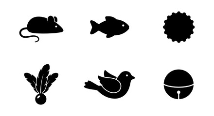 Cat toy silhouette icons set collection of black vector symbols of pet toys including mouse, fish, feather teaser, bird, ball, and jingle bell © Runu