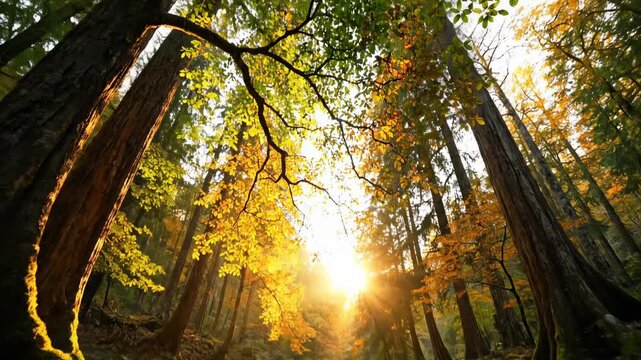Beautiful autumn forest landscape with a flowing stream and golden sunlight filtering through the trees.