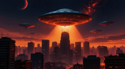 Fototapeta premium Alien spacecraft hover over city. UFOs shine bright lights down on urban skyline at dusk. Mysterious celestial objects in night sky above buildings. Extraterrestrial invasion threat, sci-fi concept