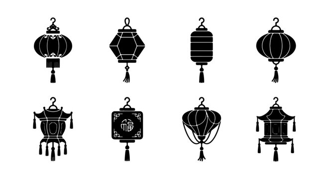 Set of traditional chinese lanterns, vector icons of hanging lamps for midautumn festival or lunar new year celebration