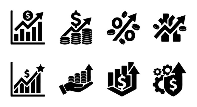 Set of financial growth and business success icons, including bar charts, currency symbols, and investment growth symbols