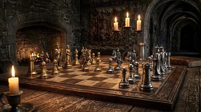 Medieval Chess Set on Wooden Table in Candlelit Stone Hall