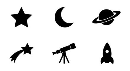 Set of space and astronomy icons including star, moon, planet, shooting star, telescope and rocket © Runu