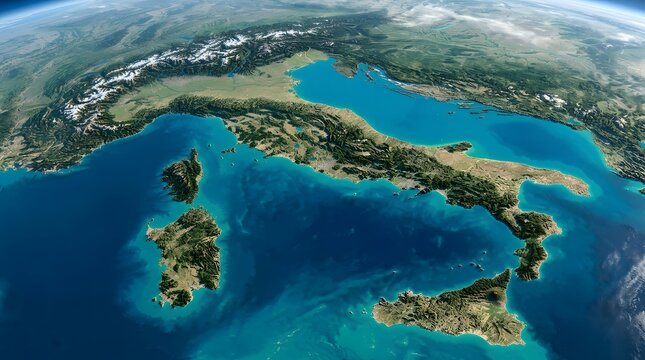 Aerial view of Italy and surrounding Mediterranean Sea from space