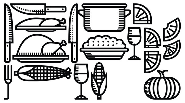 Thanksgiving dinner food and cutlery black line art icon
