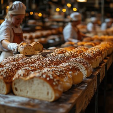 Fresh Sesame Bread on Table in Busy Bakery