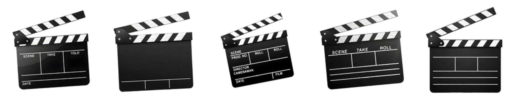 Movie Clapperboard Film Slate Set Isolated on White Background, Classic Black and White Director Clapper Board Collection, Cinema Production Video Equipment 3D Render