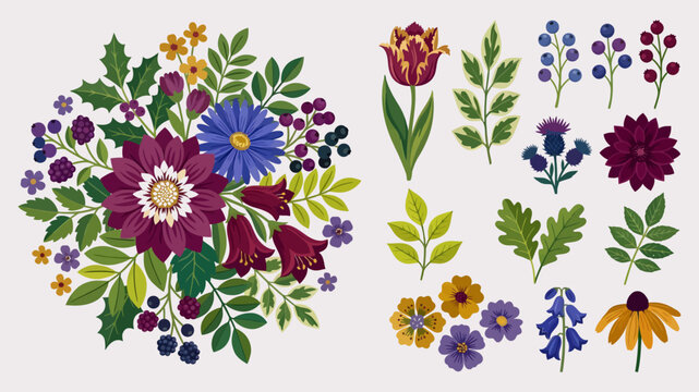 Vintage floral bouquet and botanical elements set, rustic wildflower collection with autumn colors, decorative garden flower vector illustrations Editable vector