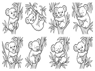 Cute cartoon koala coloring page set featuring eight different baby koalas hugging eucalyptus tree branches for kids activity book © RahianKhan