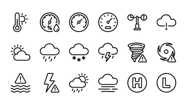 Set of 18 minimalist meteorology and weather forecast line icons featuring thermometer, barometer, anemometer, rain, snow, storm, tornado, hurricane, flood alerts, and atmospheric pressure symbols