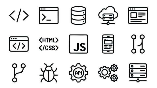 Comprehensive Collection of 15 Minimalist Web Developent and Coding Line Icons ncluding HTML, CSS, JavaScipt, API, Cloud Computing,Database, Git Version Contol, Bug, and Server Infrasructure.