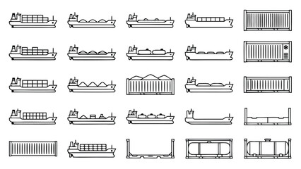 Vector Set of Freight Ship and Shipping Container Line Icons in Minimalistic Style  Collection of Maritime Logistics, Cargo Vessels, and Industrial Transport Symbols for Global Trade Graphics. © Faima