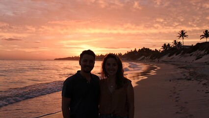Fototapeta premium Couple enjoying sunset walk along beach shoreline.