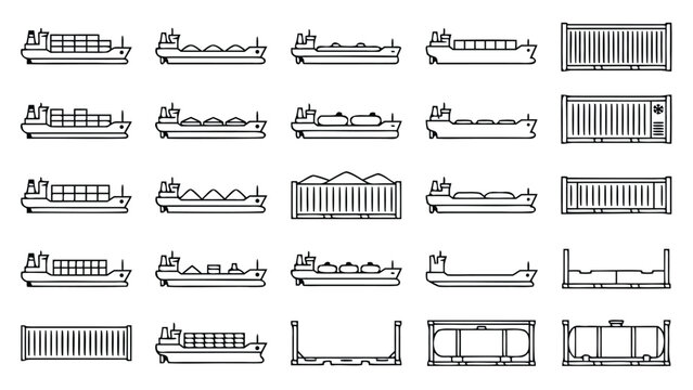 Vector Set of Freight Ship and Shipping Container Line Icons in Minimalistic Style; Collection of Maritime Logistics, Cargo Vessels, and Industrial Transport Symbols for Global Trade Graphics.
