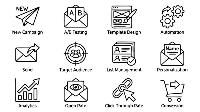 Set of Email Marketing Campaign Vector Line Icons Including New Campaign, A/B Testing, Template Design, Automation, Send, Target Audience, List Management, Personalization, Analytics, and Conversion.