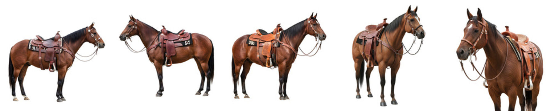 Saddled Brown Horse Collection Isolated on White Background, Western Riding Equestrian Equipment Set, Realistic Stallion with Leather Saddle and Bridle 3D Graphic Render