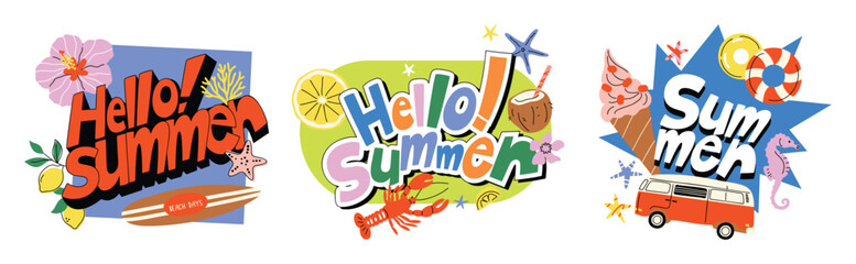 Hello Summer beach typography t-shirt design collection with surfboard, lobster, ice cream, camper van, seahorse and tropical elements vector set. © TWINS DESIGN STUDIO
