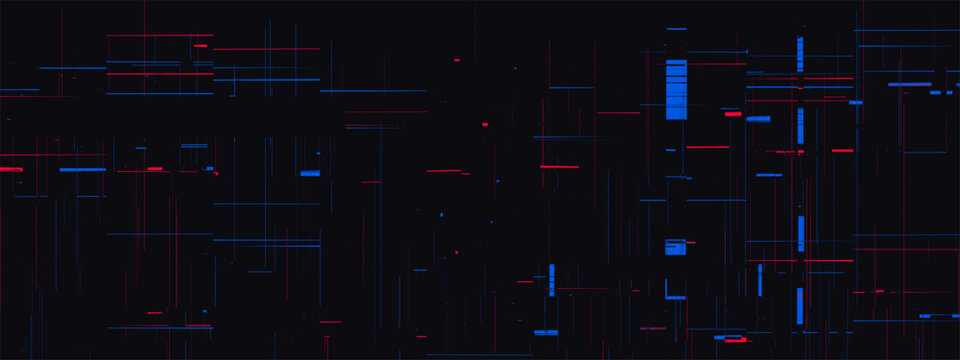 Noise pattern for tv screen with glitch texture effect on cyber background. Blue and red pixel line filter for abstract rewind and destruction  horizontal hacker graphic. Video broadcasting fail