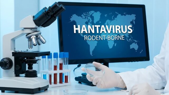 Medical researcher studying hantavirus, a rodent-borne pathogen, using a laboratory microscope, analyzing a test tube sample.