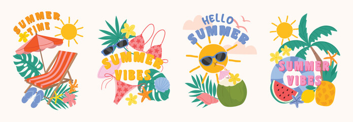 Obraz premium Hello Summer and Summer Vibes colorful beach typography t-shirt design collection with surfboard, flamingo, shell, starfish and tropical elements vector set.