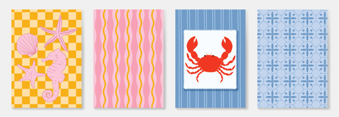 Summer sea poster collection with shells, seahorse, crab, waves, checkerboard, coastal tile patterns vector set. © TWINS DESIGN STUDIO