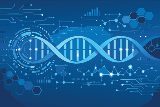 Blue DNA double helix molecule on a futuristic scientific and technological background with digital circuit board patterns, data visualization charts, binary code, and biotechnology elements.