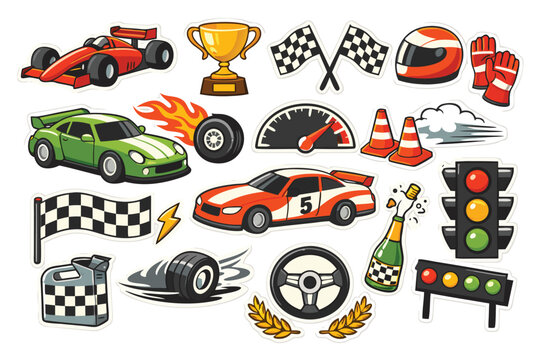 Racing Cars and Motorsport Sticker Set in Retro Cartoon Style with Speed Trophy Checkered Flags Helmet Gloves Sports Car Drifting Speedometer Traffic Lights Steering Wheel and Winner Celebration