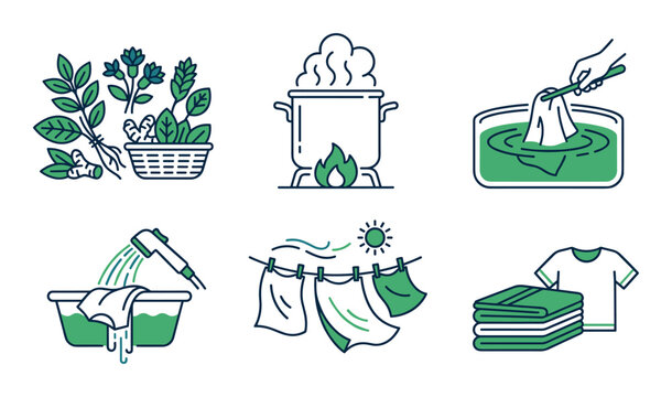 Natural organic fabric dyeing process steps icon set vector