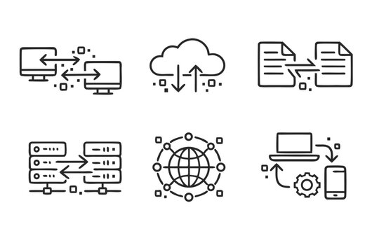 Data Exchange and Network Communication Line Icons Se including Cloud Computing File Transfer, Server Tecnology, Global Internet Conectivity, and Device Syncronization Vector Illustraion.