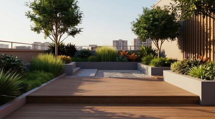 Fototapeta premium Modern rooftop garden features rich greenery and wooden deck. Minimalist city terrace with plants and trees offers peaceful urban oasis. Enjoy city views from elevated outdoor space.