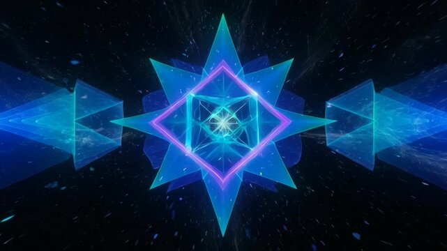 A vibrant, symmetrical abstract design featuring glowing blue and green geometric shapes radiating from a central point against a dark background.