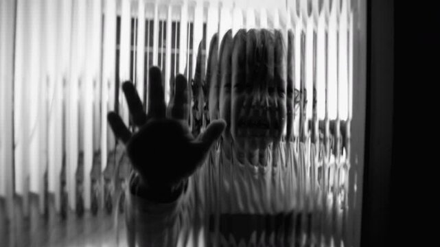 Crying toddler pressing hand against textured glass with fractured reflection suggesting childhood trauma emotional disconnection early depression fear loneliness and inner overwhelm