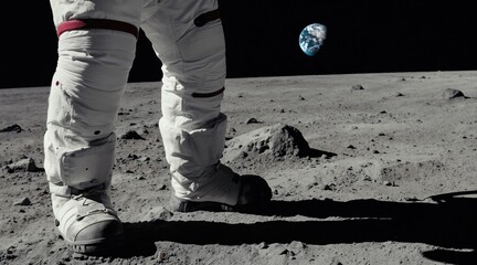 Fototapeta premium Astronaut boots stand on moon surface. Earth hangs in dark sky above gray rocky ground. Lunar exploration is underway. Space mission continues.