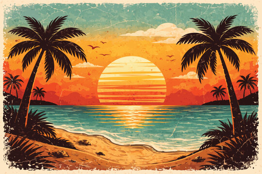 Vintage Tropical Beach Sunset Vector Illustration with Palm Trees, Ocean Waves, and Distressed Grunge Texture for Summer T-shirt Design, Retro Paradise Island Landscape with Golden Sun