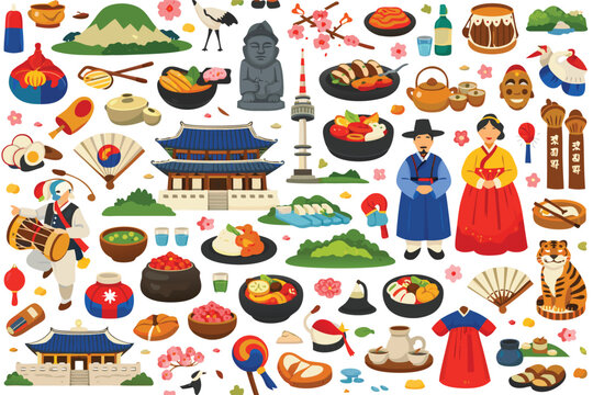 South Korea Traditional Culture Vector Illustration Set Featuring Iconic Landmarks, Delicious Korean Food like Kimchi and Bibimbap, Hanbok Clothing, Gyeongbokgung Palace, and N Seoul Tower.