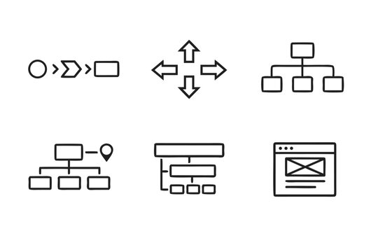 UX Navigation Line Icon Set featuring Breadcrumb Process, Directional UI Arrows, Sitemap Hierarchy, Location Mapping, Nested Structure, and Web Browser Wireframe for Interface Design Projects.