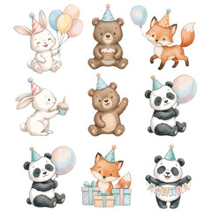 Fototapeta premium Cartoon animal birthday collection with cat dog rabbit pig cow bear lion mouse and horse icons