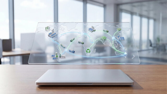 Transparent glass hologram on office desk showing global world map with green sustainable supply chain network factories solar panels wind turbines and electric trucks showcasing logistics technology