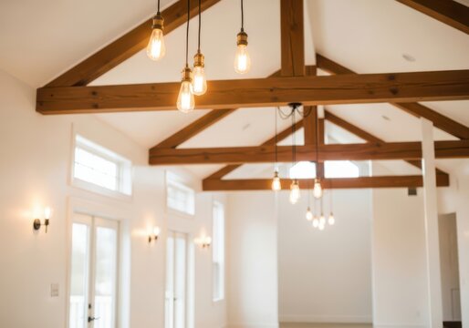 Rustic wooden ceiling beams with hanging vintage light bulbs in a room