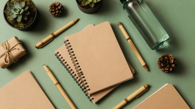 Eco friendly stationery set with notebooks pens reusable bottle plant decor. Natural materials for sustainable office work. Zero waste desk essentials.