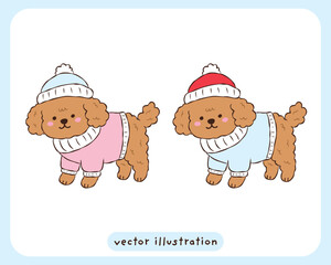 Fototapeta premium Cute poodle puppy wearing winter clothes, cozy sweater and hat vector illustration