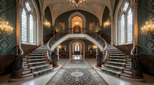Grand Symmetrical Double Staircase in a Historic Mansion Foyer - ideal for luxury interior design, architectural heritage, opulent event spaces, and high-end real estate marketing