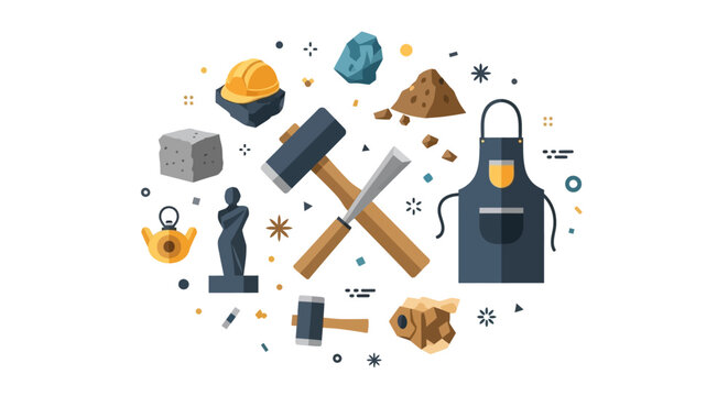 Stone Carving and Masonry Tools Illustration - Flat Design Icon Set for Sculpting and Craftsmanship