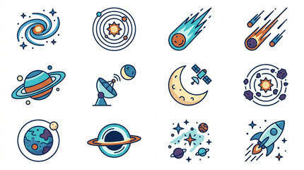 Collection of Space Icons Featuring Planets Galaxies and Rockets. © Ramdani