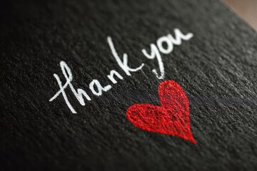 Fototapeta premium Close-up of a handwritten 'thank you' with a red heart on matte black paper