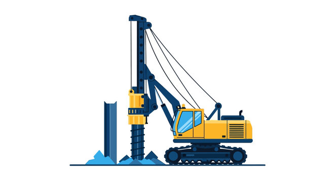 Industrial Rotary Drilling Rig Machine for Foundation and Construction Site Work, Flat Vector Illustration Isolated on White Background